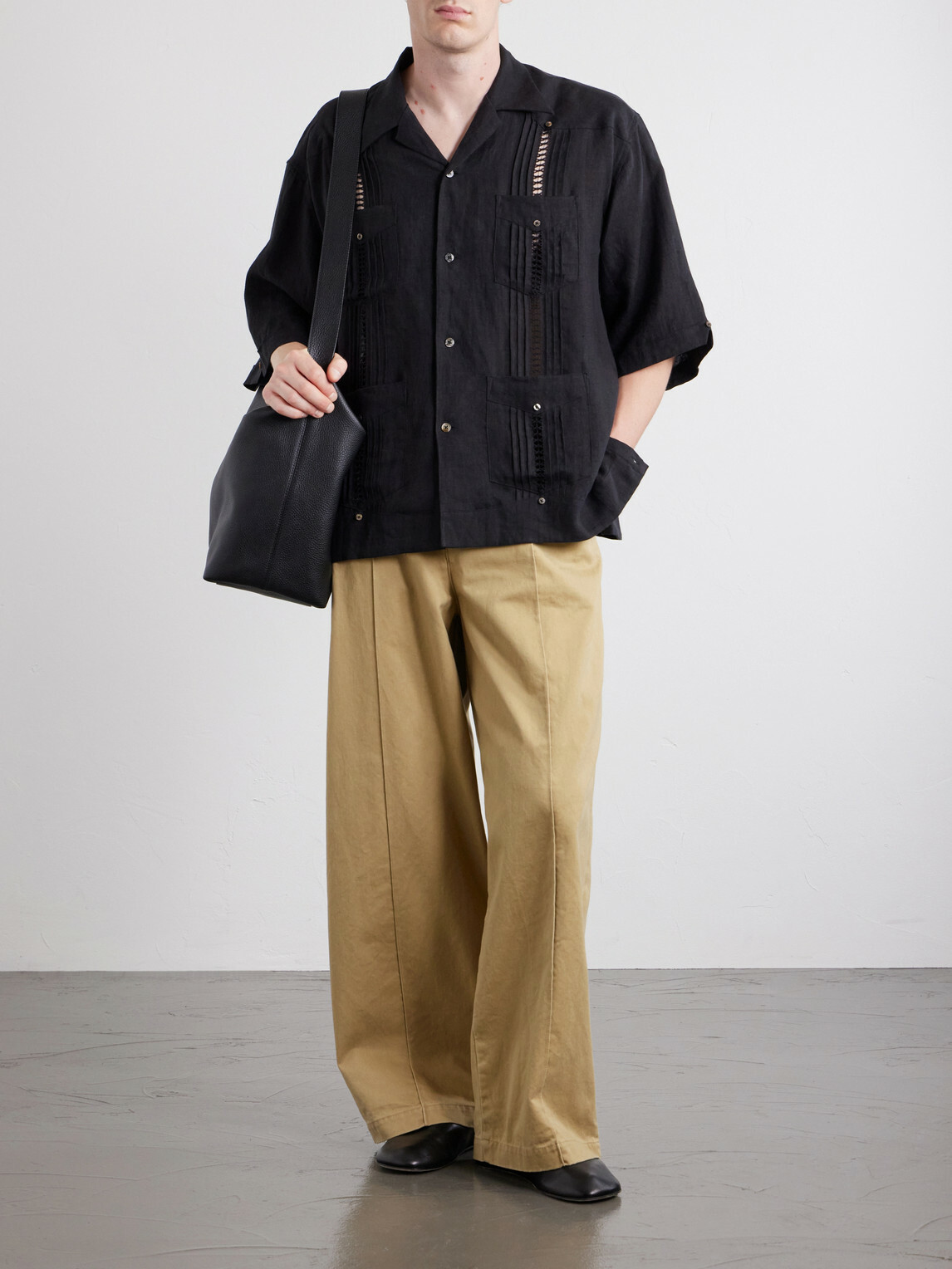 KAPITAL - Camp-Collar Pleated Linen Shirt - Black