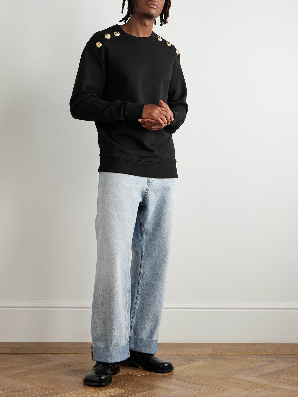 Balmain - Button-Embellished Cotton-Blend Sweatshirt - Black