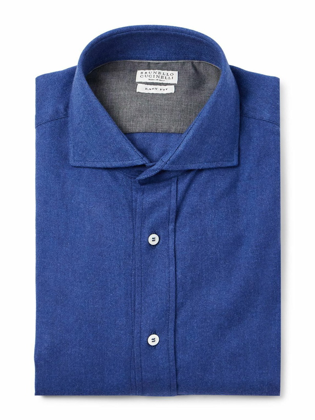 Photo: Brunello Cucinelli - Herringbone Cotton and Lyocell-Blend Shirt - Blue