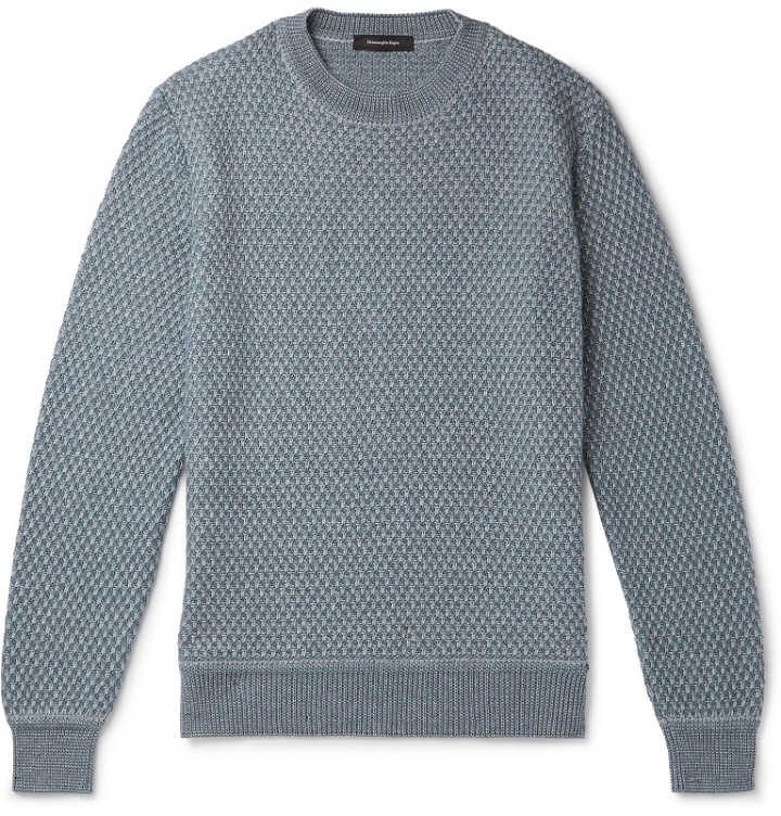 Photo: Ermenegildo Zegna - Waffle-Knit Cashmere and Silk-Blend Sweater - Blue