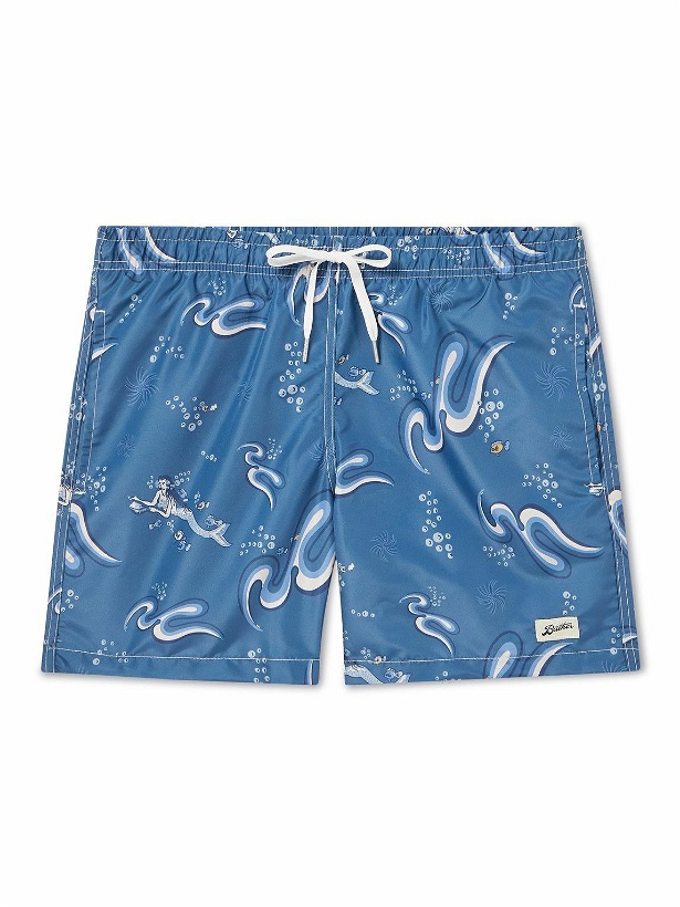 Photo: Bather - Mid-Length Printed Recycled-Shell Swim Shorts - Blue