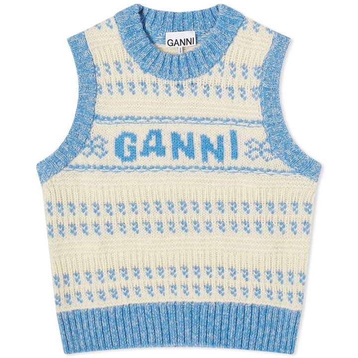 Photo: GANNI Women's Graphic Lambswool O-Neck Vest in Strong Blue