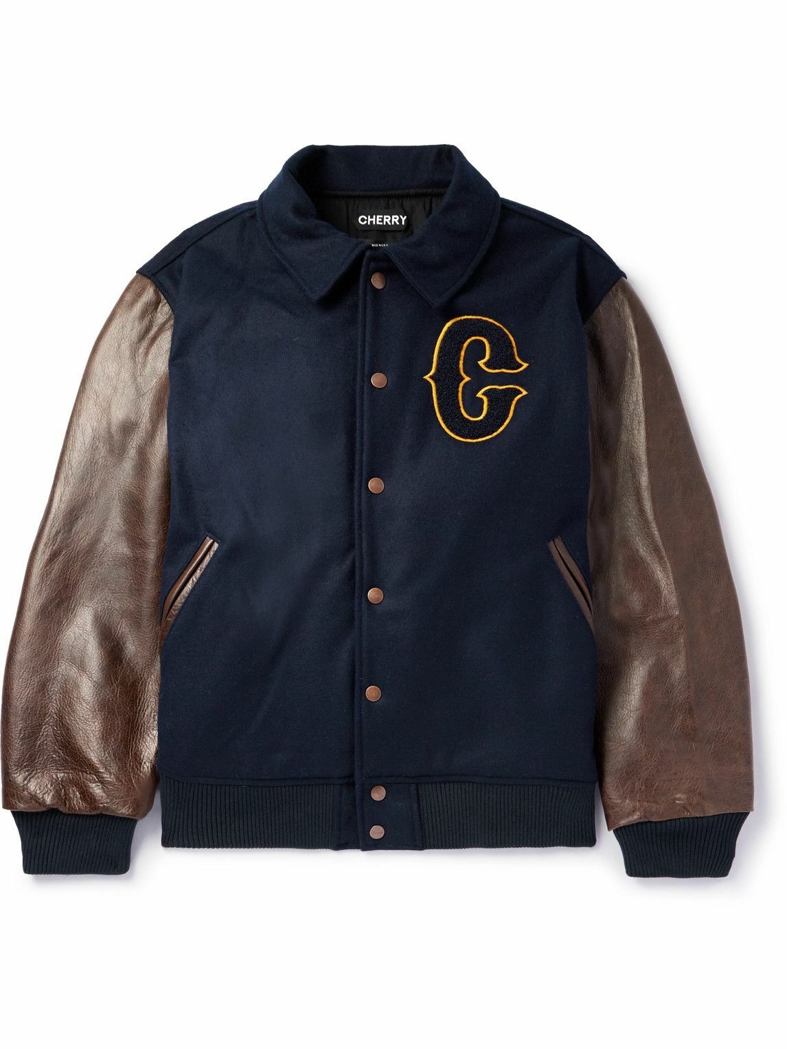 Photo: Cherry Los Angeles - Ranch Wear Appliqued Wool and Leather Varsity Jacket - Blue
