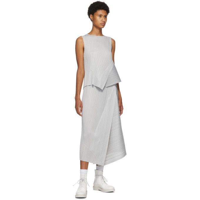 Pleats Please Issey Miyake Grey Diagonal Pleats Long Skirt