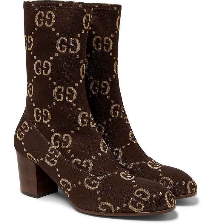 Photo: Gucci - Leather-Trimmed Logo-Jacquard Boots - Brown