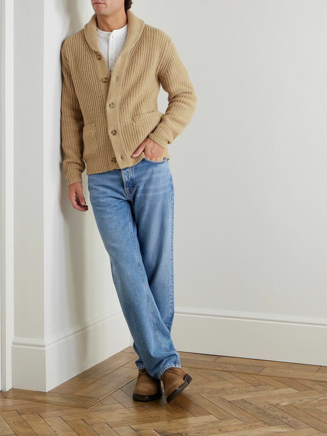 Hartford - Shawl-Collar Ribbed Wool Cardigan - Brown