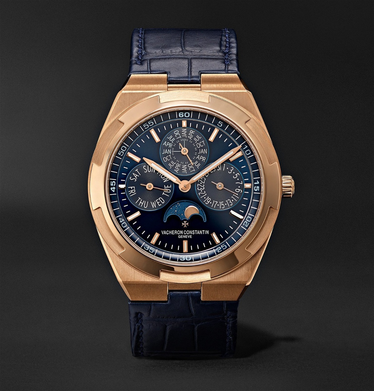 Photo: Vacheron Constantin - Overseas Perpetual Calendar Ultra-Thin Automatic 41.5mm 18-Karat Pink Gold and Alligator Watch, Ref. No. 4300V/000R-B509 - Blue