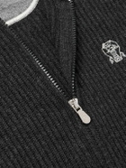 Brunello Cucinelli - Logo-Embroidered Ribbed Cashmere Zip-Up Hoodie - Gray