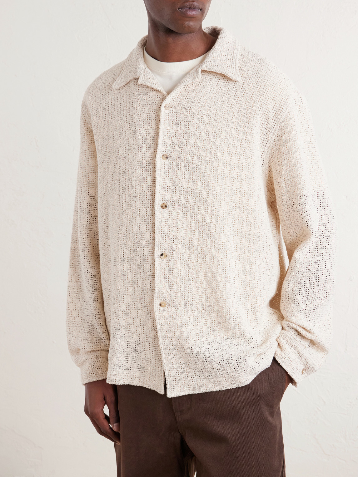 De Bonne Facture - Holiday Camp-Collar Crocheted Cotton Shirt - Neutrals
