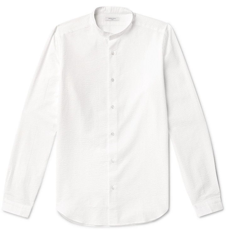 Photo: Boglioli - Slim-Fit Grandad-Collar Striped Cotton-Seersucker Shirt - White