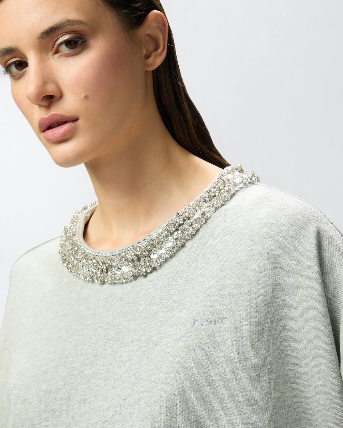 Pinko Sweatshirt With Jewel Embroidery On The Neck Drizzle Grey