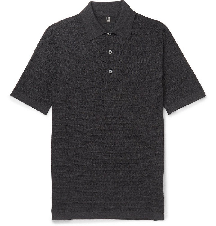 Photo: Dunhill - Slim-Fit Striped Knitted Mulberry Silk Polo Shirt - Charcoal