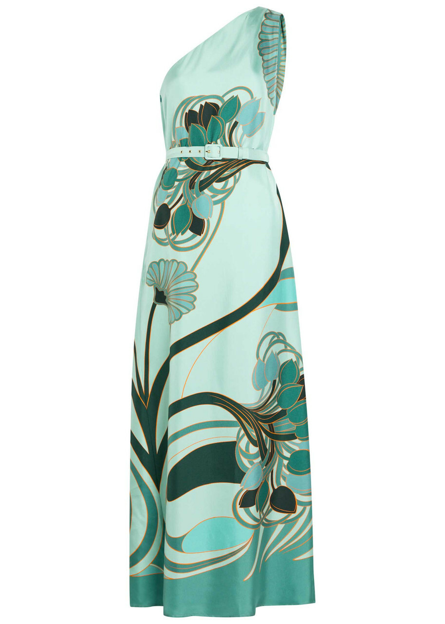 LA Double J Roy Printed Belted Silk Maxi Dress Blue