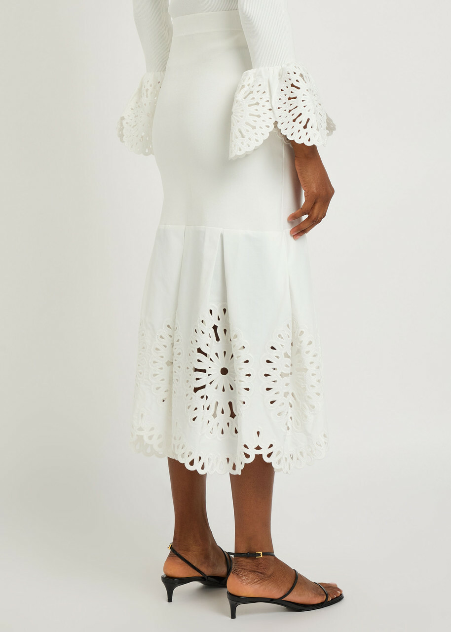 Simkhai Eveletta Cutwork Stretch-knit Midi Skirt White