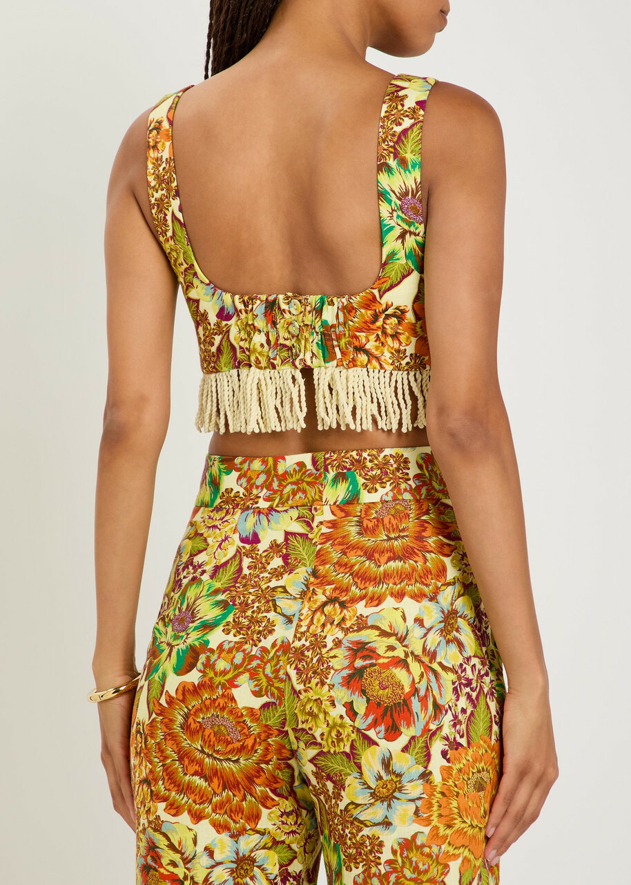 Alemais Lana Floral-print Fringed Linen Crop top Multicoloured