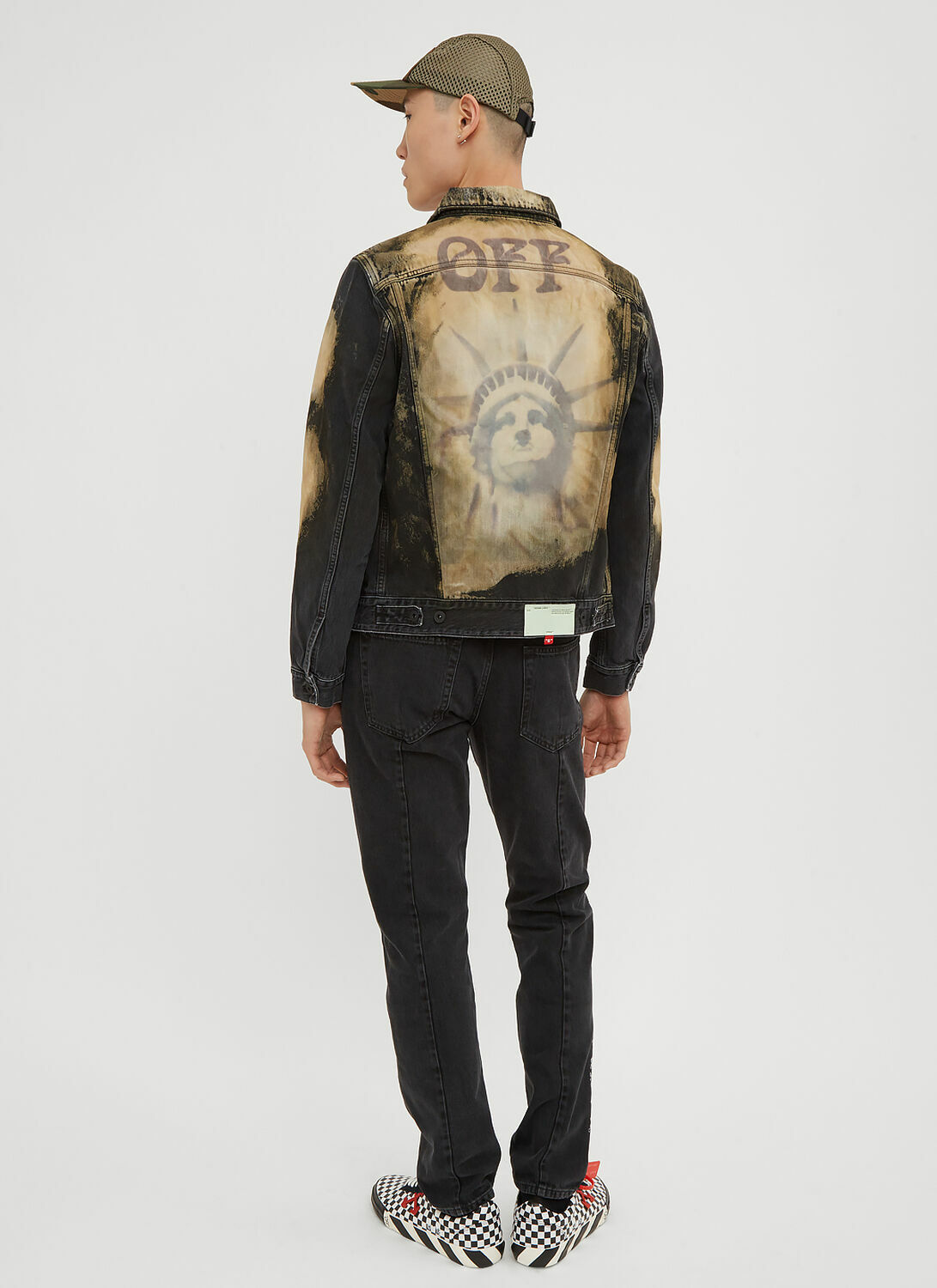 Off-White Distressed Bleached Clover Embroidered Denim Jacket