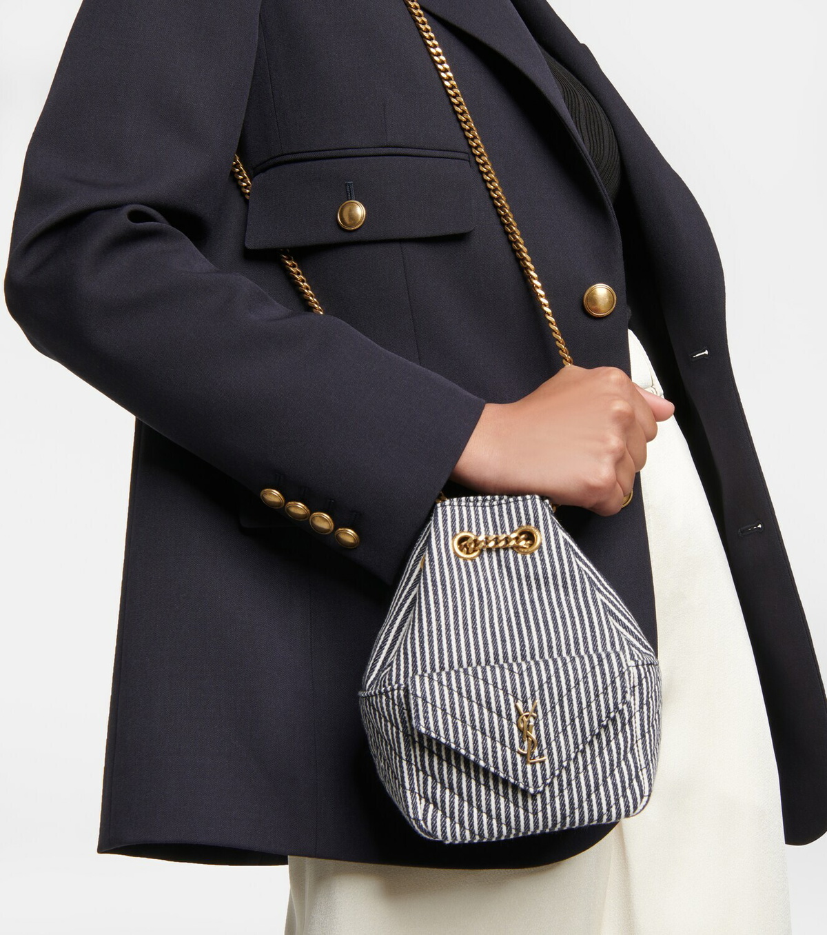 Saint Laurent - Joe Mini striped denim bucket bag Saint Laurent