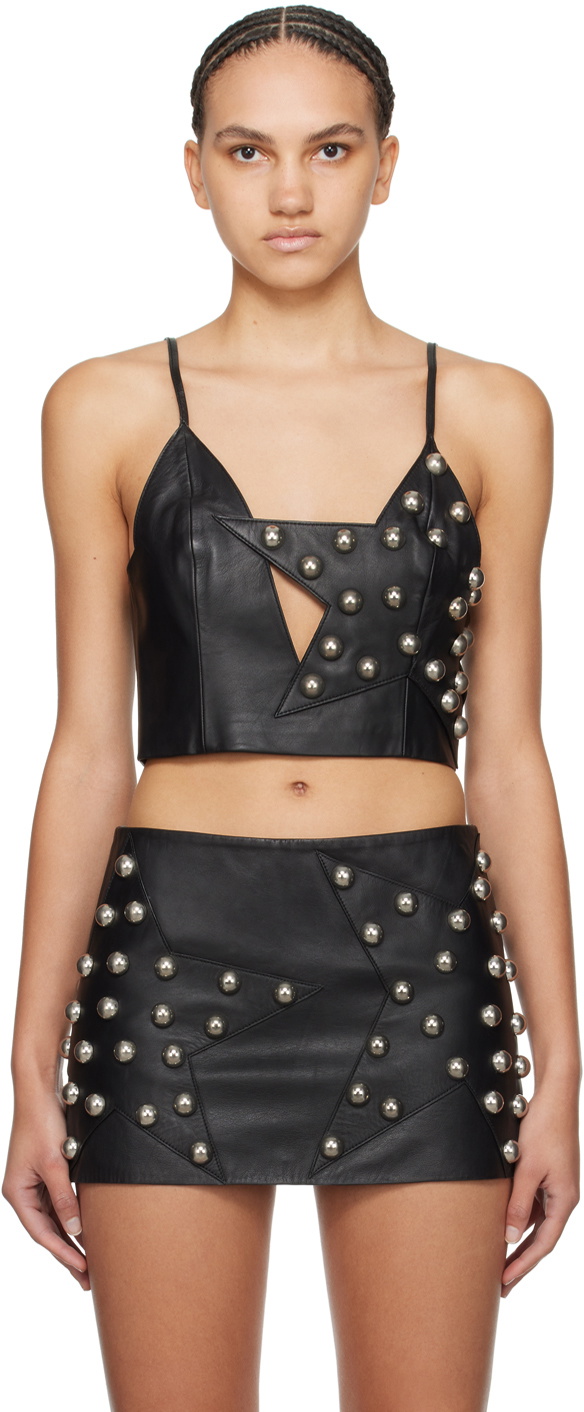 AREA Black Studded Polka Dot Leather Top