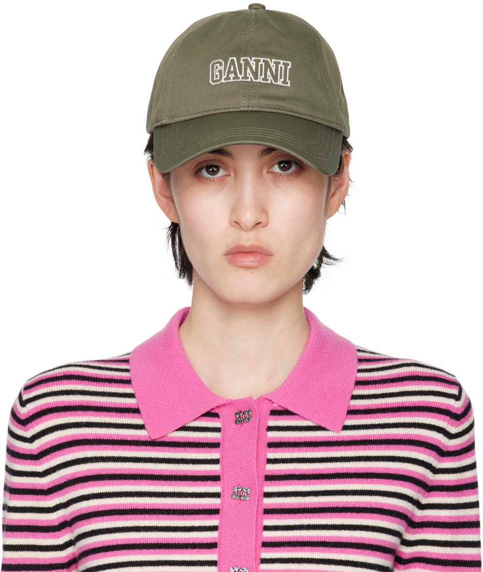 GANNI Khaki Embroidered Logo Cap GANNI