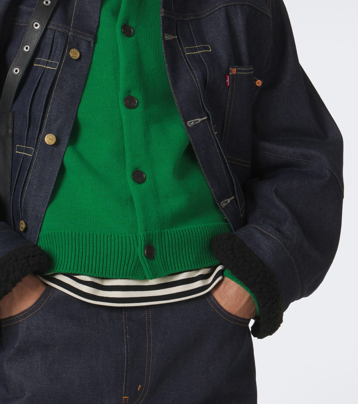 Sacai Leather-trimmed denim jacket