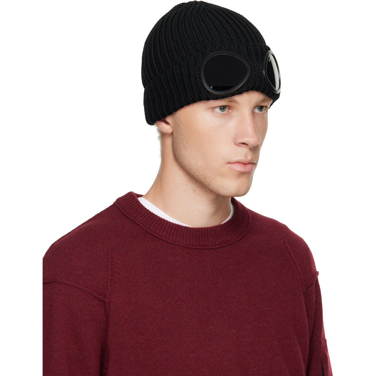 C.P. Company Black Extrafine Merino Wool Goggle Beanie