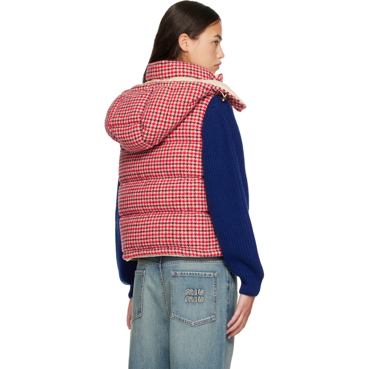 Moncler Red Niverolle Houndstooth Wool Blend Down Vest