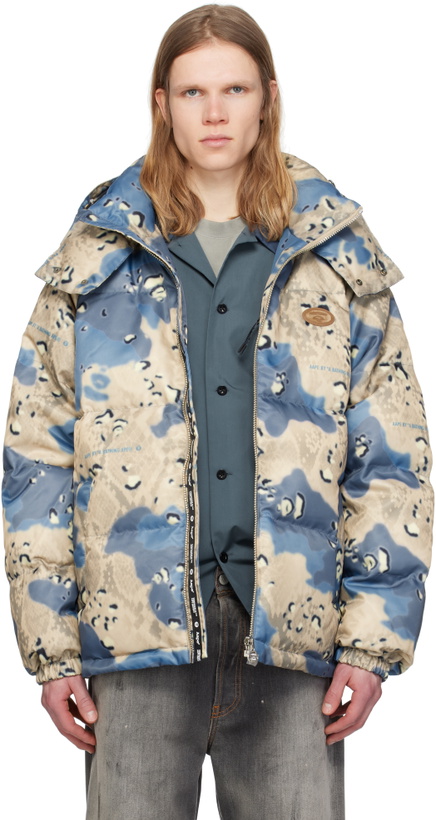 Photo: AAPE by A Bathing Ape Beige & Blue Camo 'AAPE' Main Down Jacket
