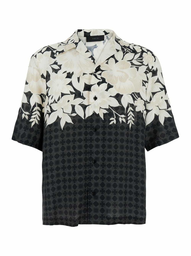 Photo: AMIRI garden Black Bowling Shirt With Cuban Collar And All-over Floral Print In Tech Fabric Man