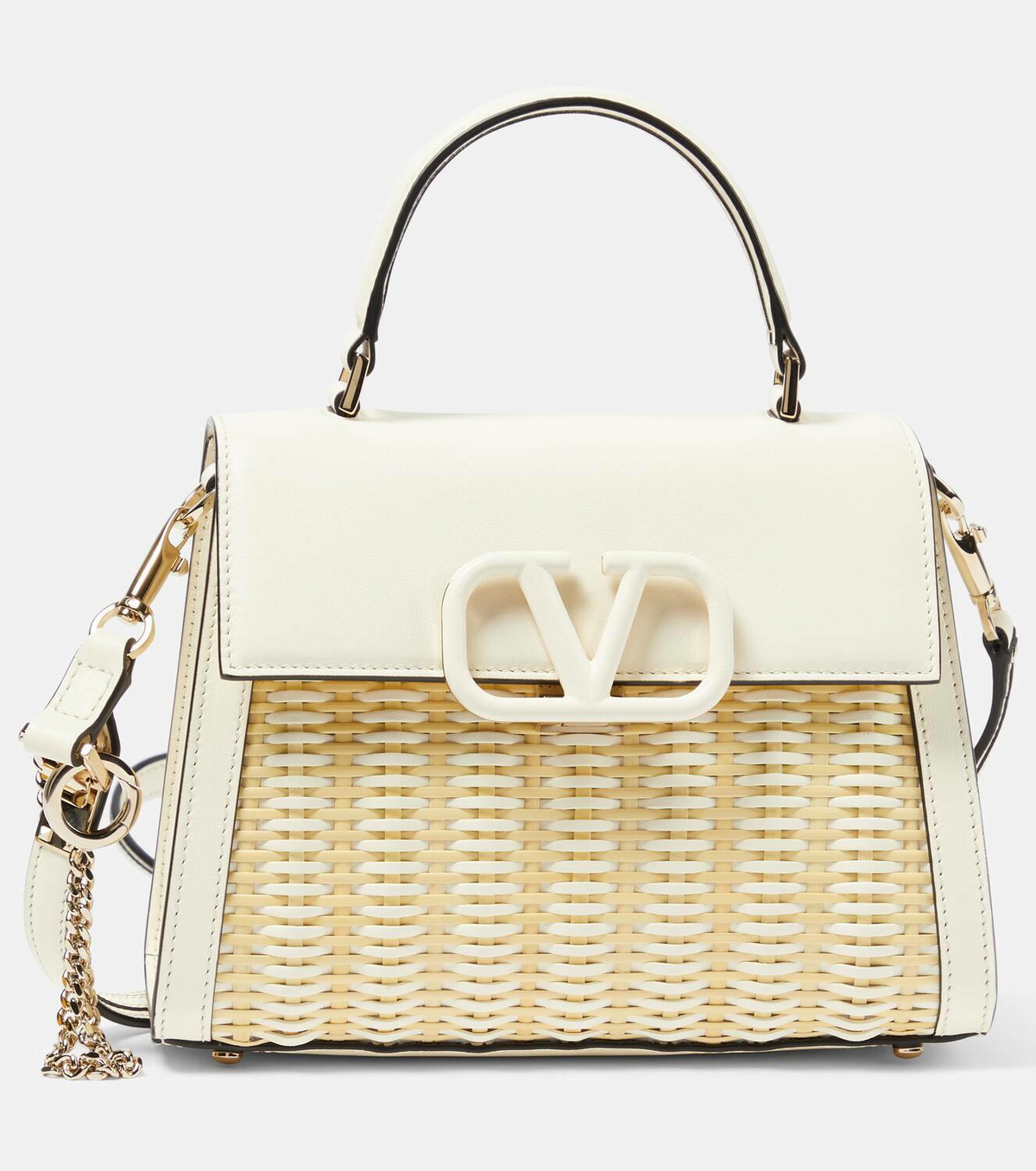 【関税&送料込み】Valentino Garavani White Leather Vsling Valentino Garavani VSling Small leather-trimmed wicker tote