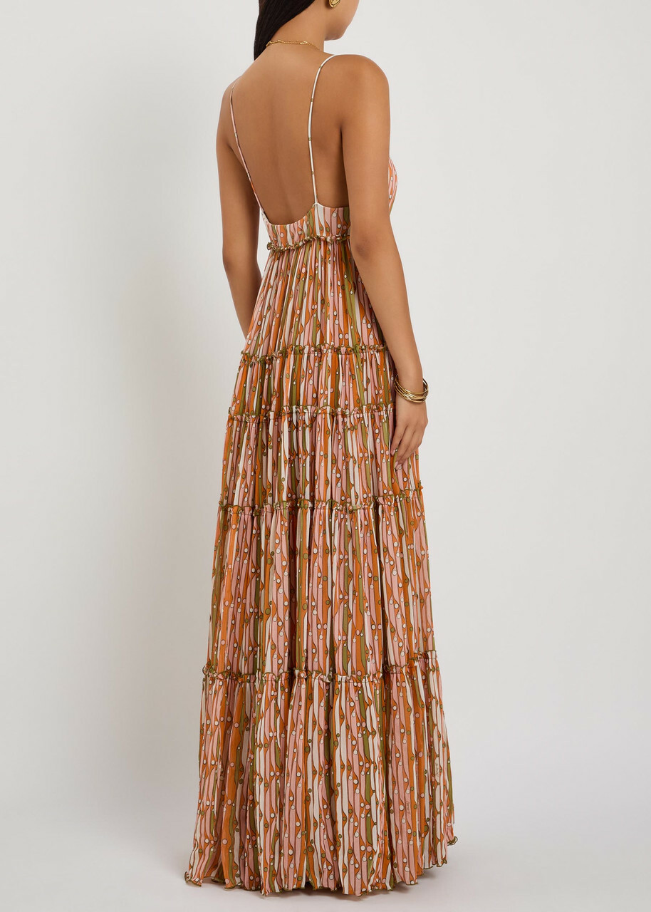 LA Double J Nymph Printed Tiered Stretch-tulle Maxi Dress Pink