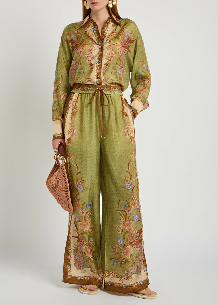 Zimmermann Indra Printed Silk Trousers Khaki