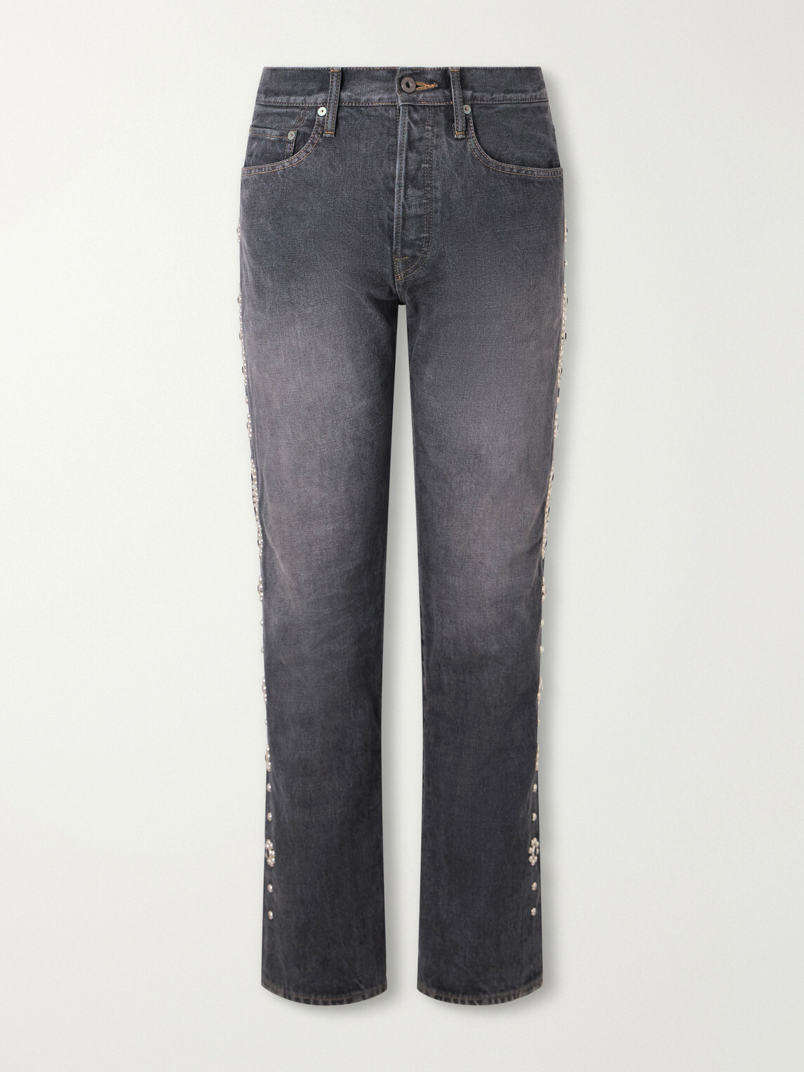 KAPITAL - Monkey Cisco Straight-Leg Leather-Trimmed Embellished Jeans - Black