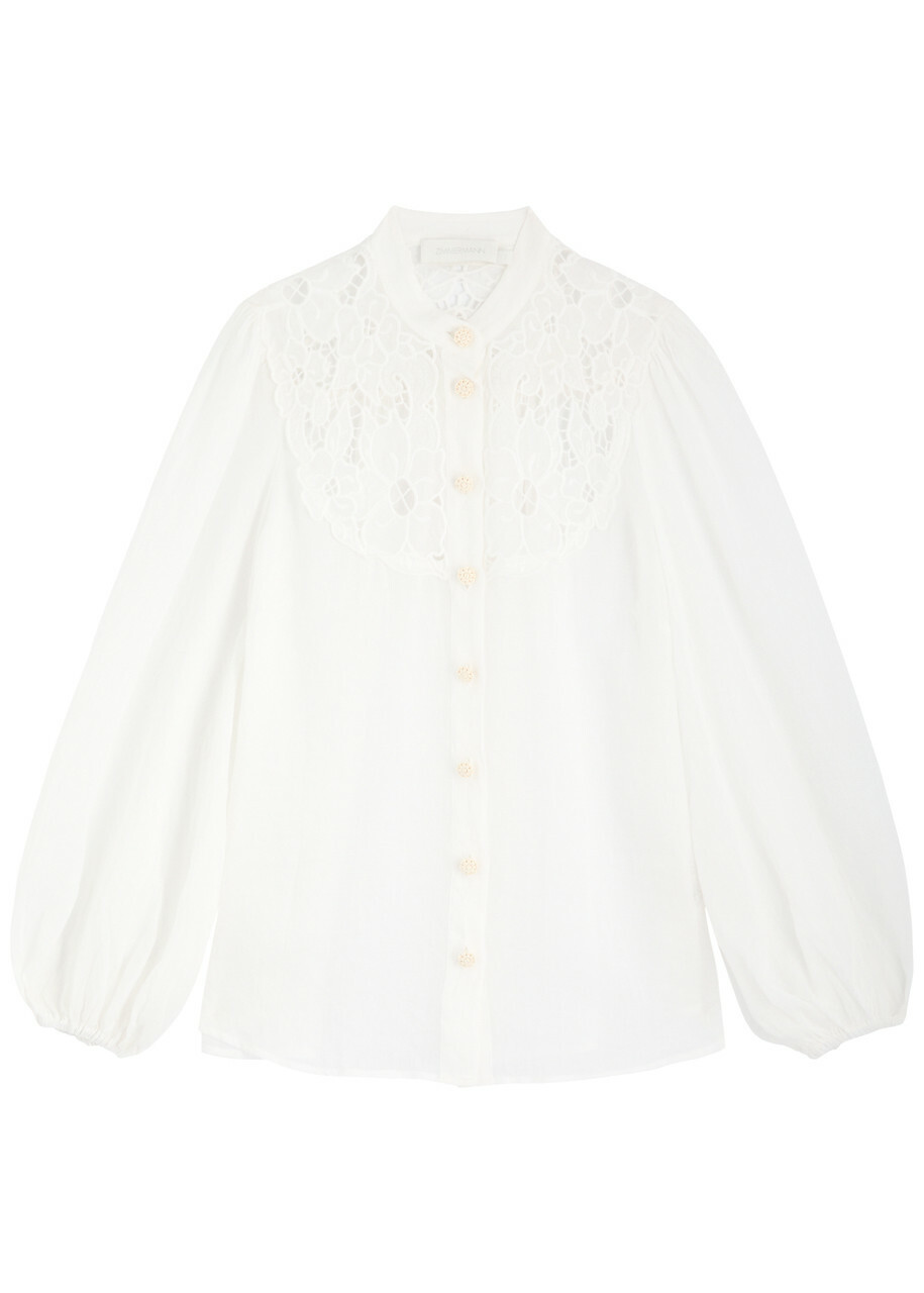 Zimmermann Golden Embroidered Ramie Blouse Ivory