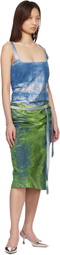 Diesel Blue & Green Open-Back Apron Satin Denim Midi Dress