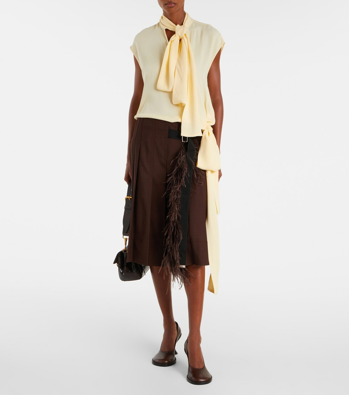 Plan C Feather-trimmed pleated wrap skirt