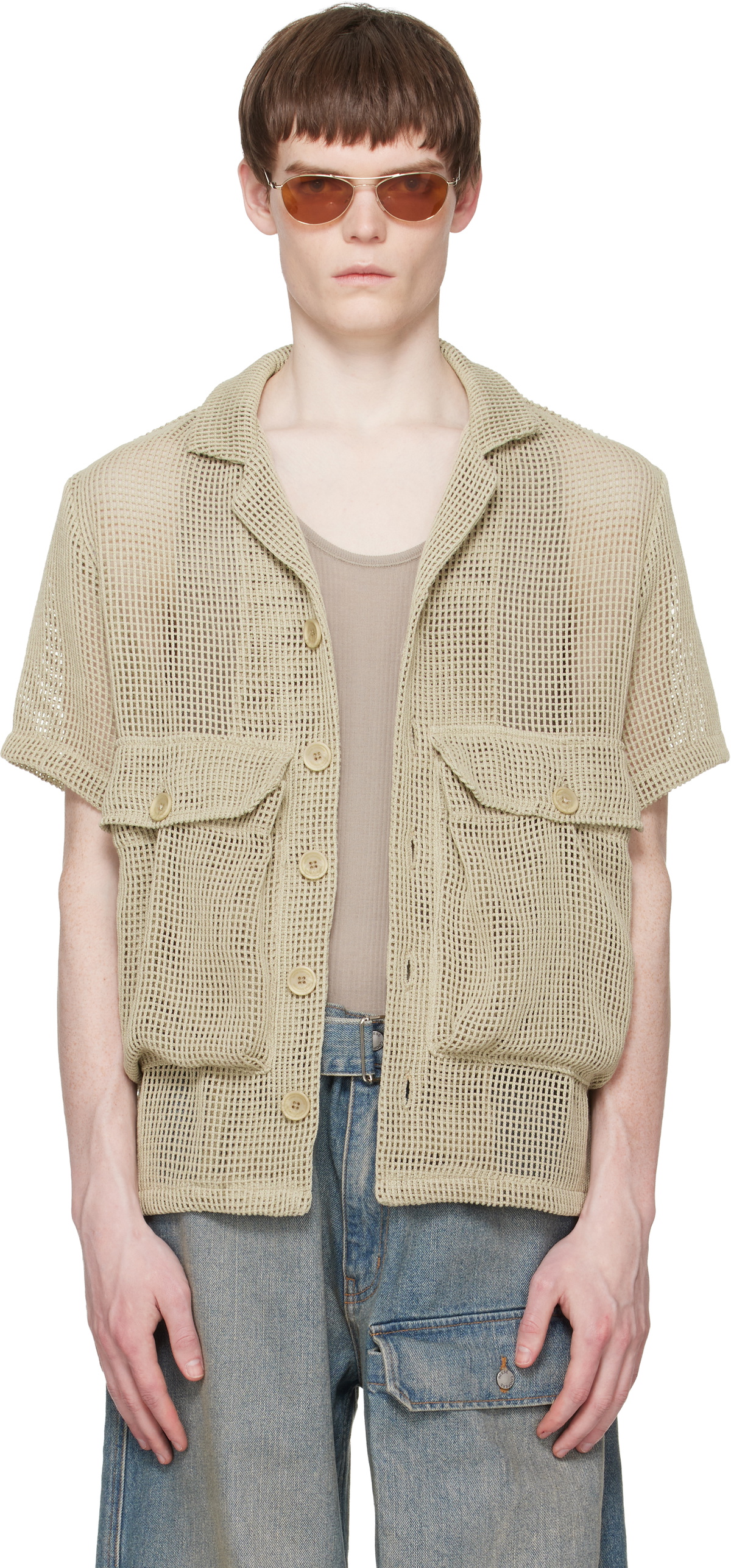 Reese Cooper Khaki Crochet Knit Short Sleeve Cargo Shirt