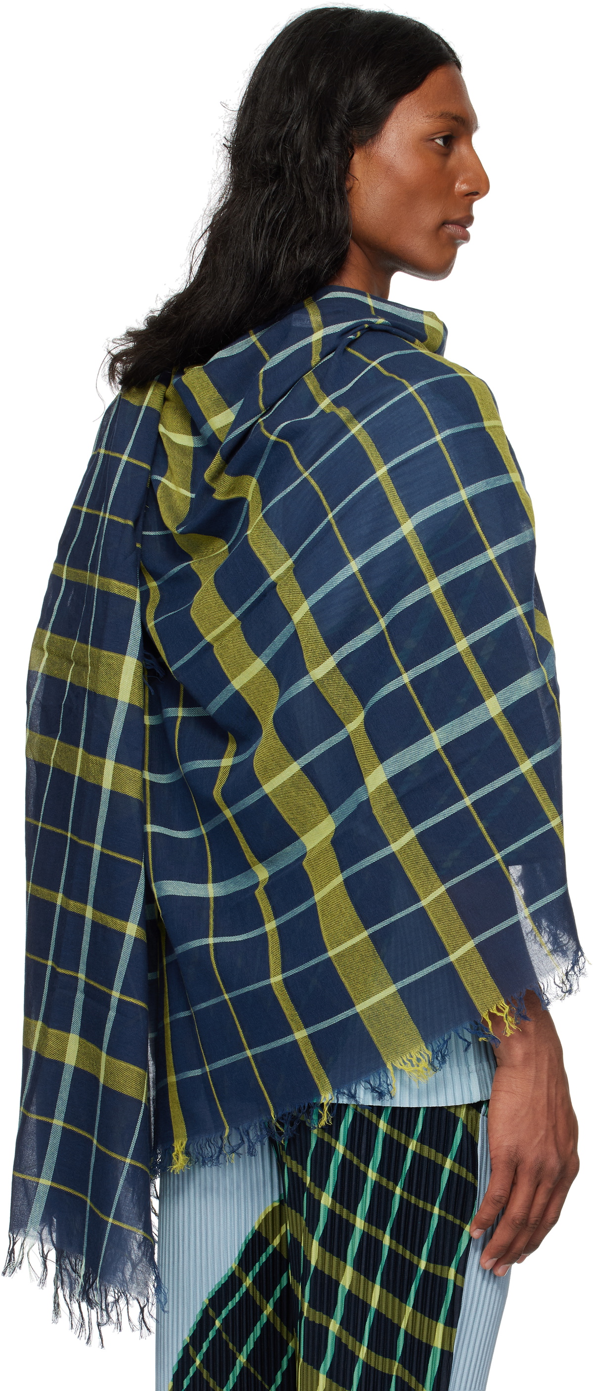 HOMME PLISSÉ ISSEY MIYAKE Navy & Green Plaid Stole Scarf