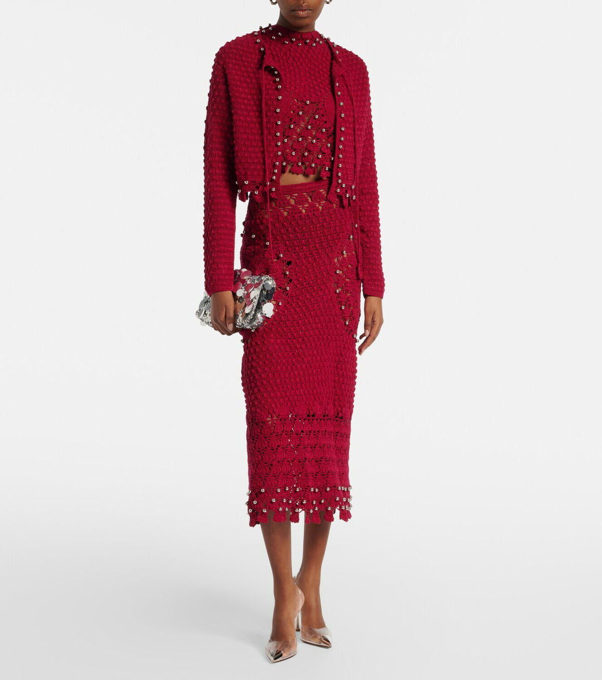 Rabanne Embellished crochet cotton top