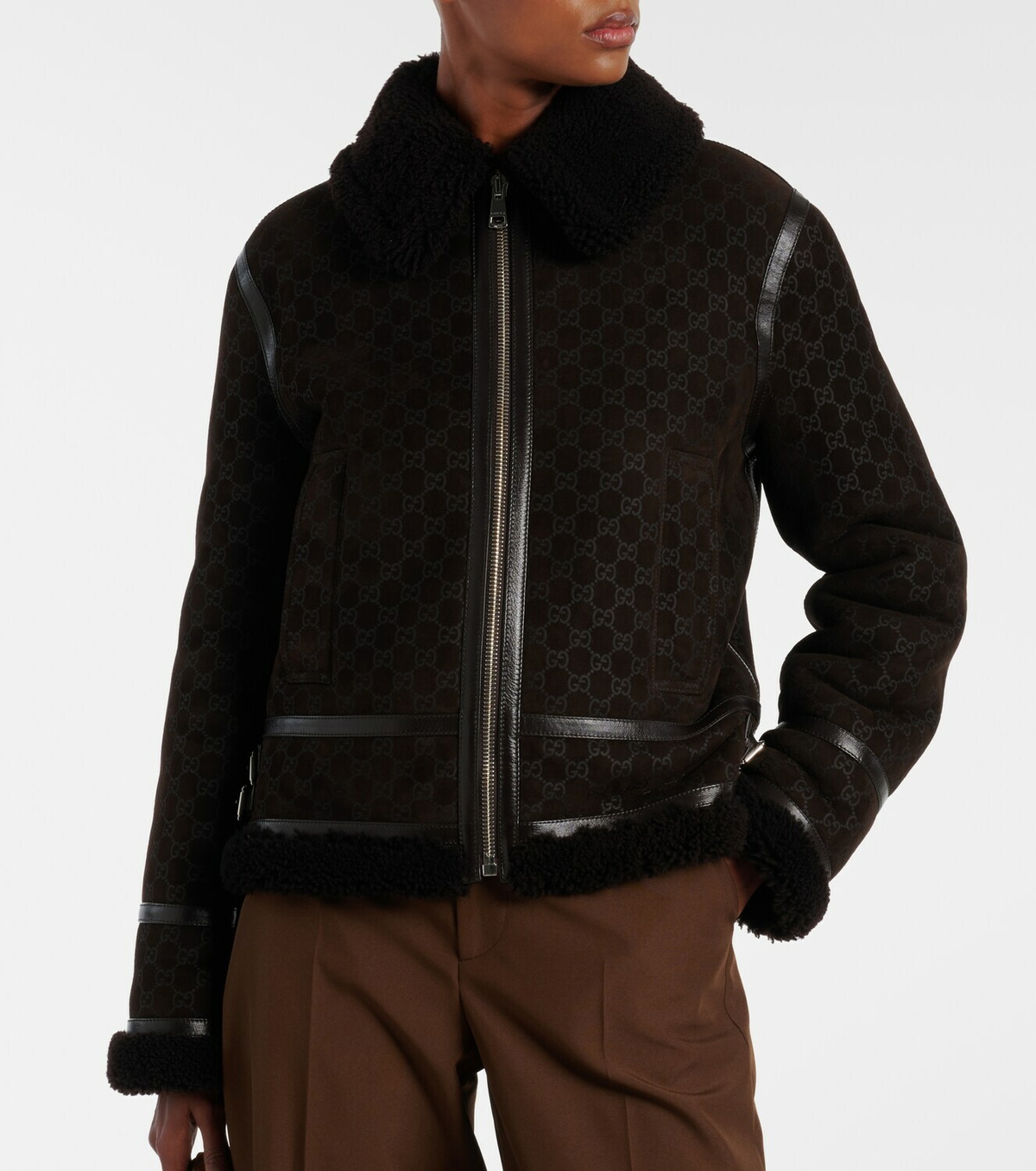Gucci GG shearling-trimmed leather jacket