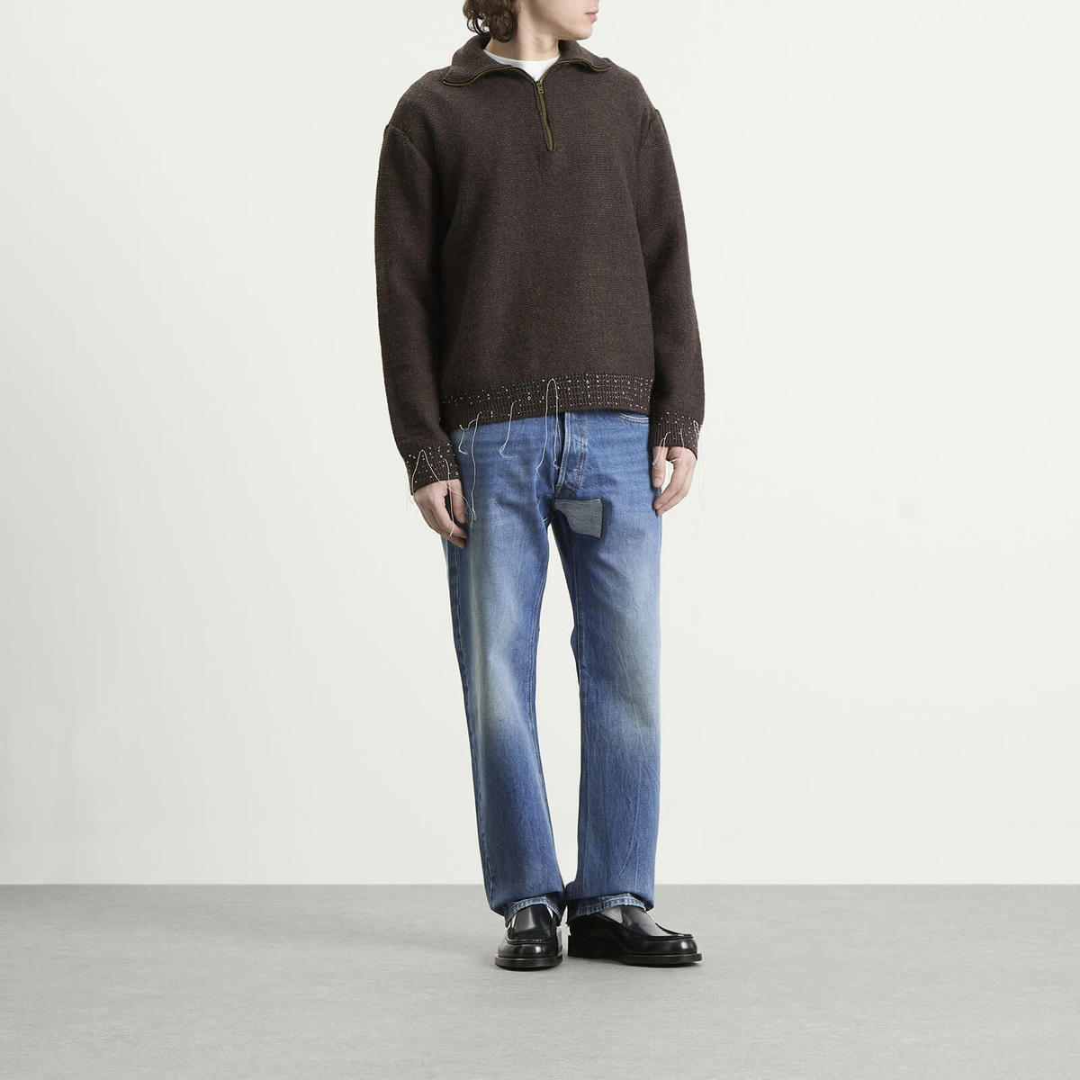 Maison Margiela Men's Wool Distress Half Zip Knit in Brown Maison