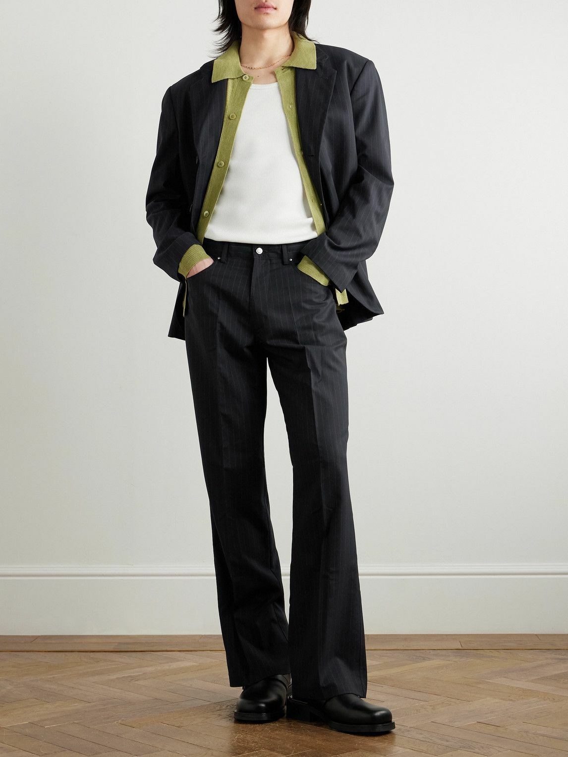 SECOND / LAYER - Flared Pinstriped Wool Trousers - Black