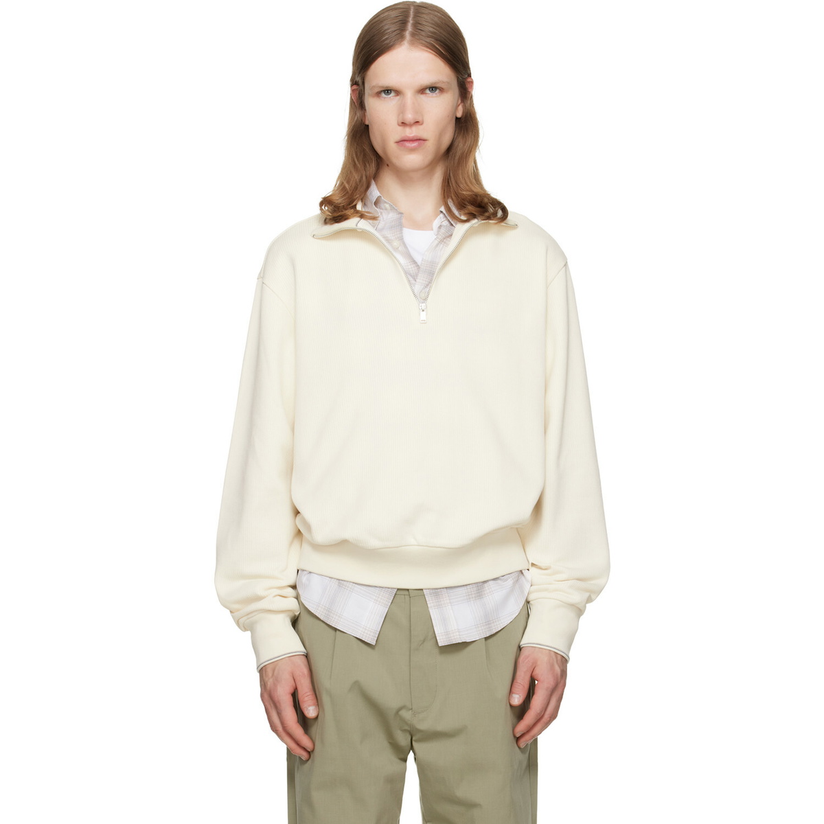 BOSS Off-White Zipper Neck Structured Cotton Sweatshirt