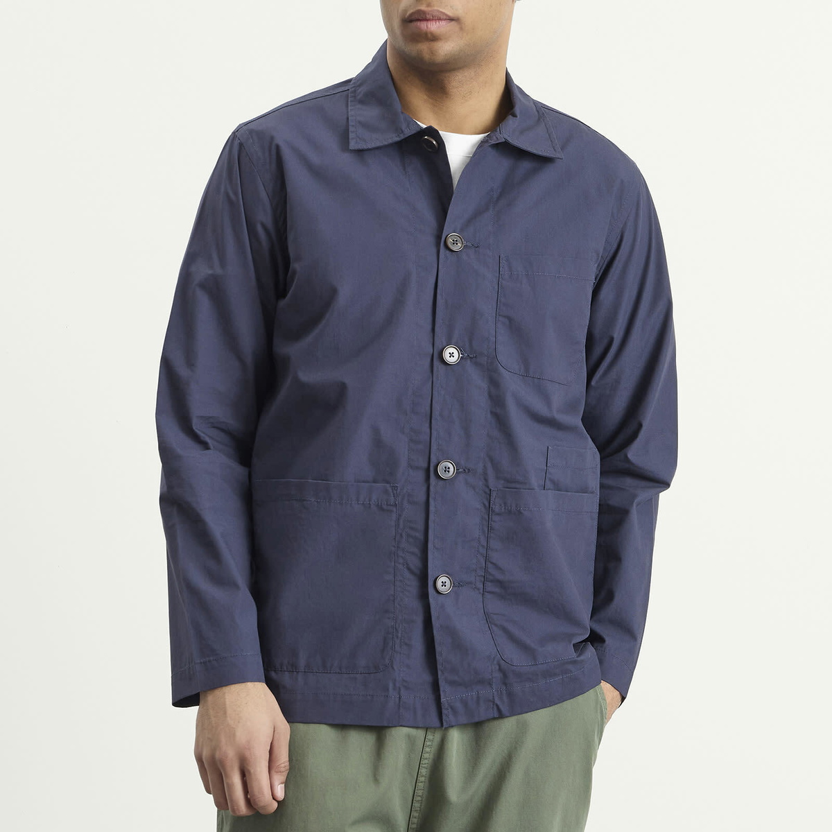 Universal Works Men's Peached Poplin Bakers Overshirt in Navy