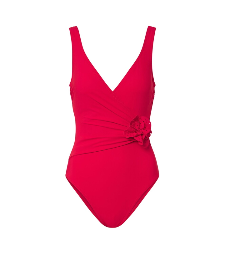 Photo: Karla Colletto Rosetta floral-appliqué gathered swimsuit