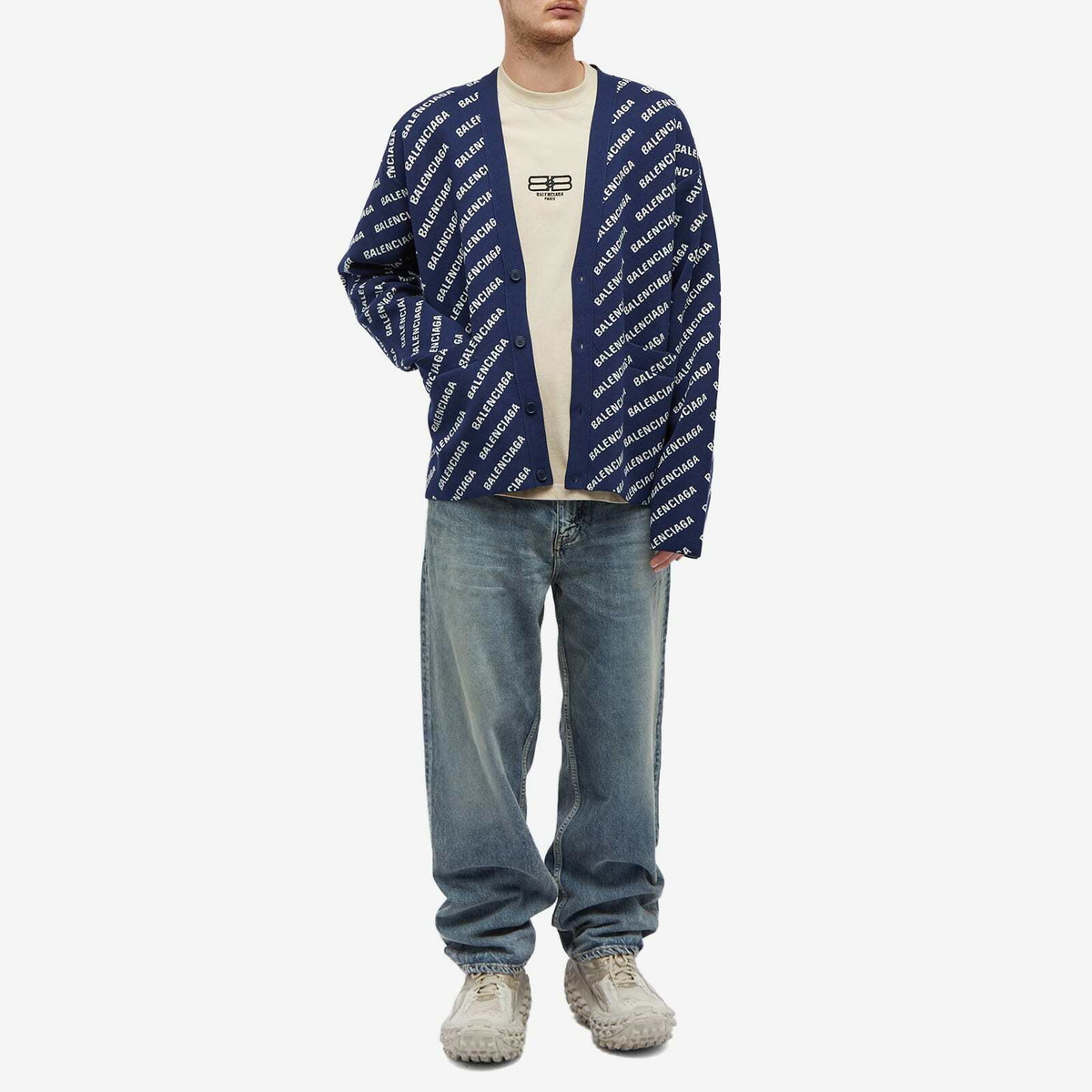 Balenciaga Men's All Over Logo Cardigan in Navy/White Balenciaga