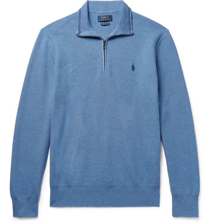 Photo: POLO RALPH LAUREN - Logo-Embroidered Waffle-Knit Pima Cotton Half-Zip Sweater - Blue