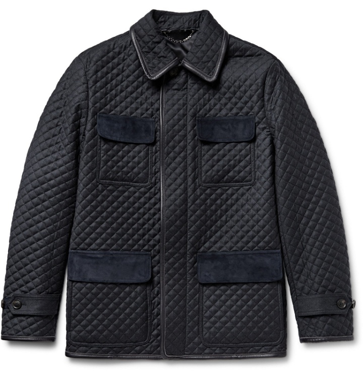 Photo: Brioni - Leather-Trimmed Quilted Checked Wool Field Jacket - Blue
