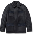 Brioni - Leather-Trimmed Quilted Checked Wool Field Jacket - Blue