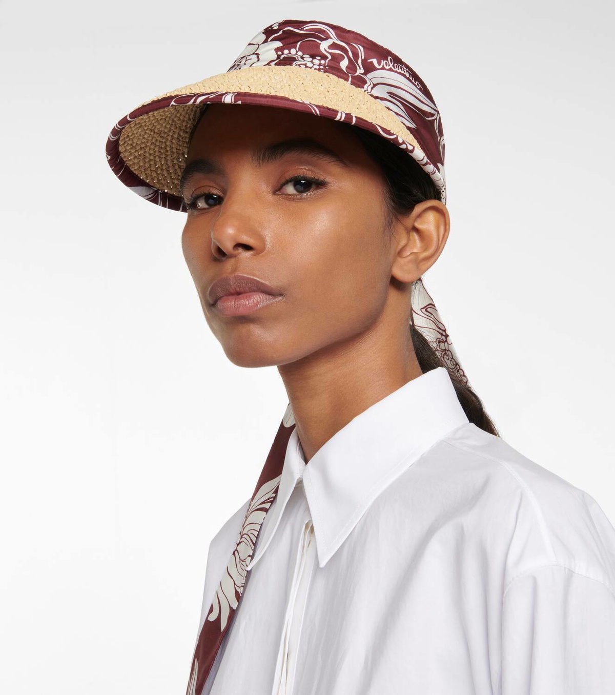 Valentino Silk scarf-trimmed raffia-effect visor Valentino