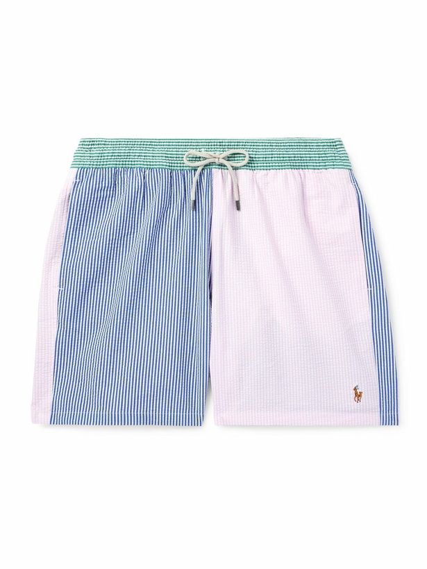 Photo: Polo Ralph Lauren - Straight-Leg Mid-Length Logo-Embroidered Striped Cotton-Blend Seersucker Swim Shorts - Blue